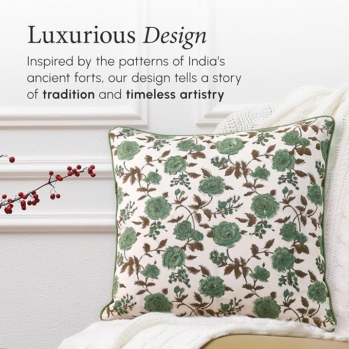 CPC 100% Cotton Throw Pillow Covers 20x20 Inch, Set of 2 Green Block Print Pattern Couch Pillow, Cute Boho Decorative Pillows for Living Room, Bedroom with Hidden Zipper- Moss Green