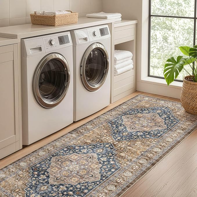 Runner Rug Kitchen Washable Rugs: 3x10 Non-Slip Boho Vintage Stain Resistant Indoor Neutral Farmhouse Throw Carpet for Hallway Bathroom Laundry Room Entryway Bedroom- Yellow Blue
