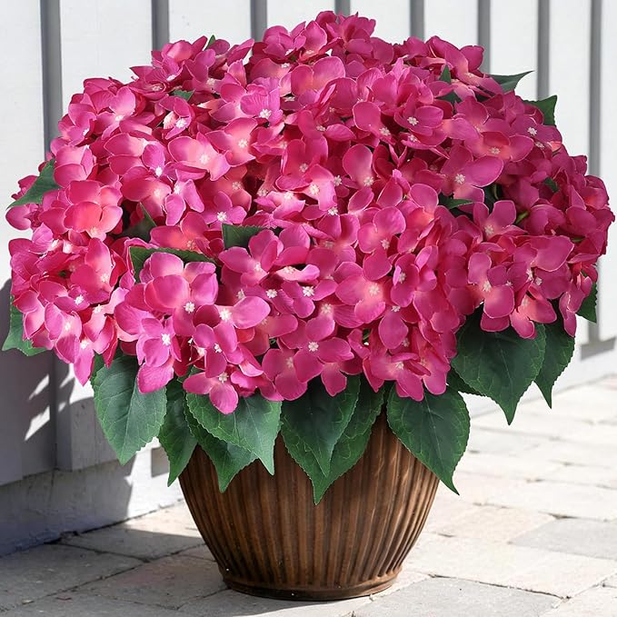 FOTEEWL 8 Bundles Artificial Hydrangea Flowers for Outdoor Decor, Realistic Faux Silk Bouquets Sun-Resistant Fake Plants for Front Door Balcony Farmhouse Garden Home Spring Summer Decor (Rose Red)