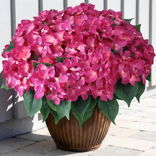 FOTEEWL 8 Bundles Artificial Hydrangea Flowers for Outdoor Decor, Realistic Faux Silk Bouquets Sun-Resistant Fake Plants for Front Door Balcony Farmhouse Garden Home Spring Summer Decor (Rose Red)