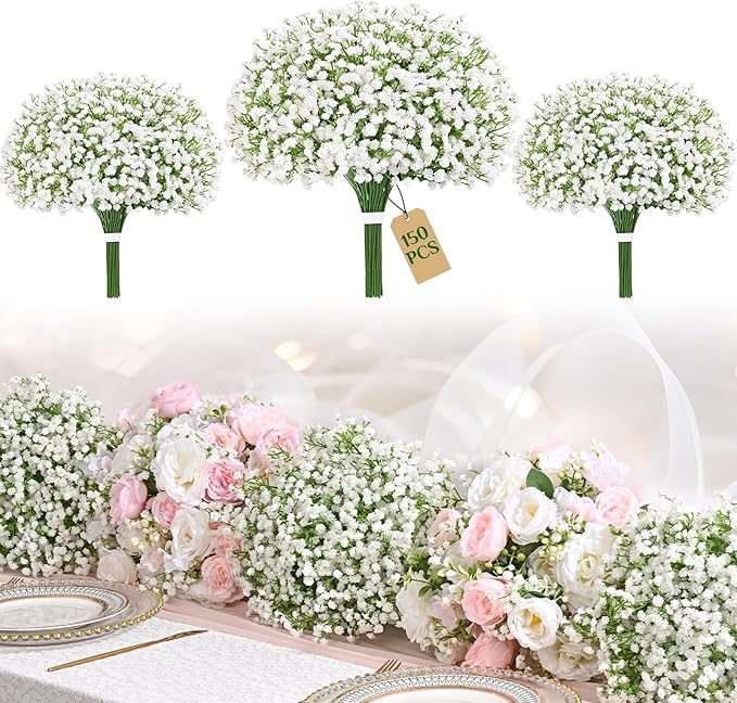 Yastouay 150 Pcs Babys Breath Artificial Flowers, White Baby Breath Flowers Artificial Bulk, Real Touch Fake Flowers Babys Breath Gypsophila for Wedding Home Party Bouquet Floral Arrangement Decor