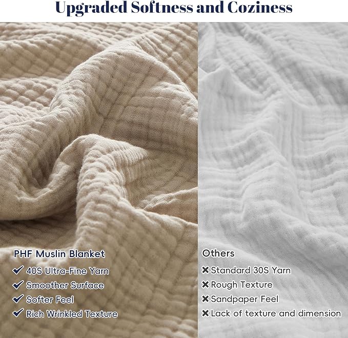 PHF 100% Cotton Muslin Blanket Queen Size 90"x90", 4-Layer Lightweight Gauze Throw, Breathable Cloud-Soft Minimalist Blanket for Bed, Couch, Camping & Baby, Taupe, Ideal Gift