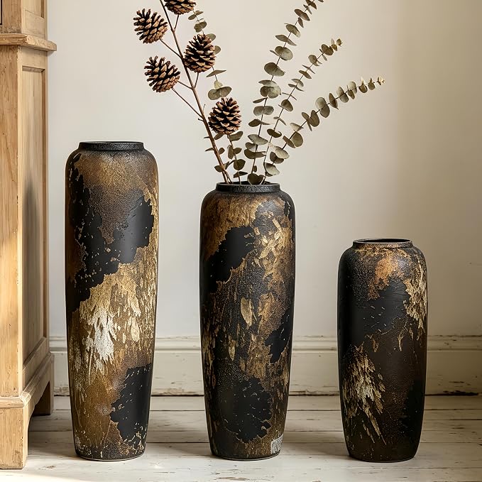 Black Rustic Ceramic Tall Floor Vase, 19.7 Inch Vintage Large Farmhouse Vase Pottery Clay Terracotta Rustic Vases for Home Decor Living Room Entryway Table Centerpieces,Kitchen,Housewarming Gifts