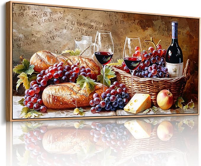 imjiayu Oversized Wall Art, Framed Wall Art, Dining Room Wall Decor, Vintage Wine Food Canvas Prints, Fruit Grape Autumn Art, Rustic Pictures for Living Room Home Bar Restaurant Decorations 29"x57"