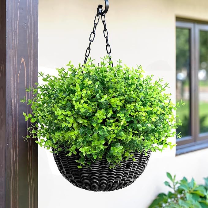 24 Bundles Greenery Artificial Plants Outdoors, Eucalyptus Stems UV Resistant Fake Foliage Plants Faux Boxwood Shrubs Indoor Decorations Artificial Flowers for Garden Pot Porch Fence Hanging Planter