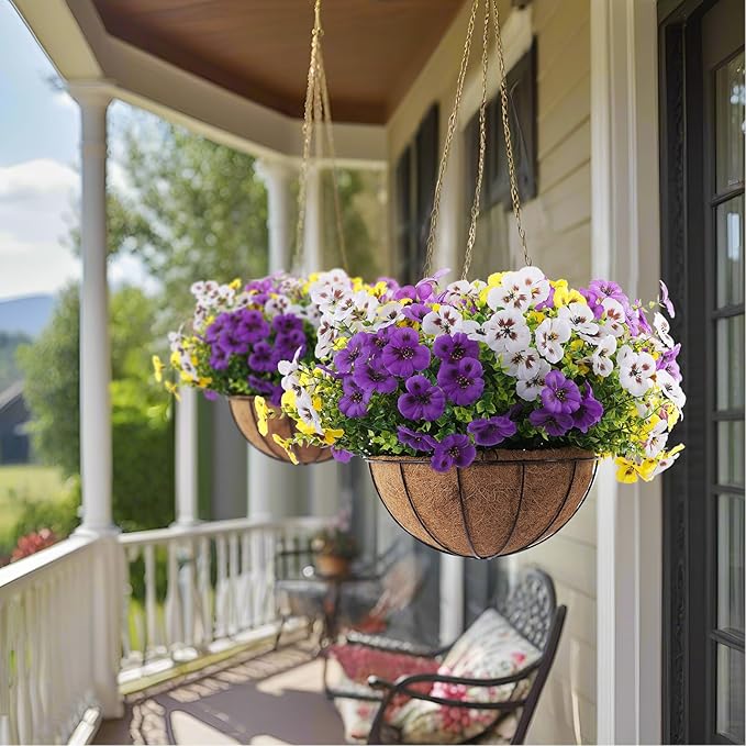 Rowfad 36 Pcs Artificial Fake Pansy Flowers for Outdoor, Faux Silk Pansies Spring Flowers for Outside for Planter Front Door Porch Yard Patio Window Box Home Decor (36, Purple, Yellow, White)