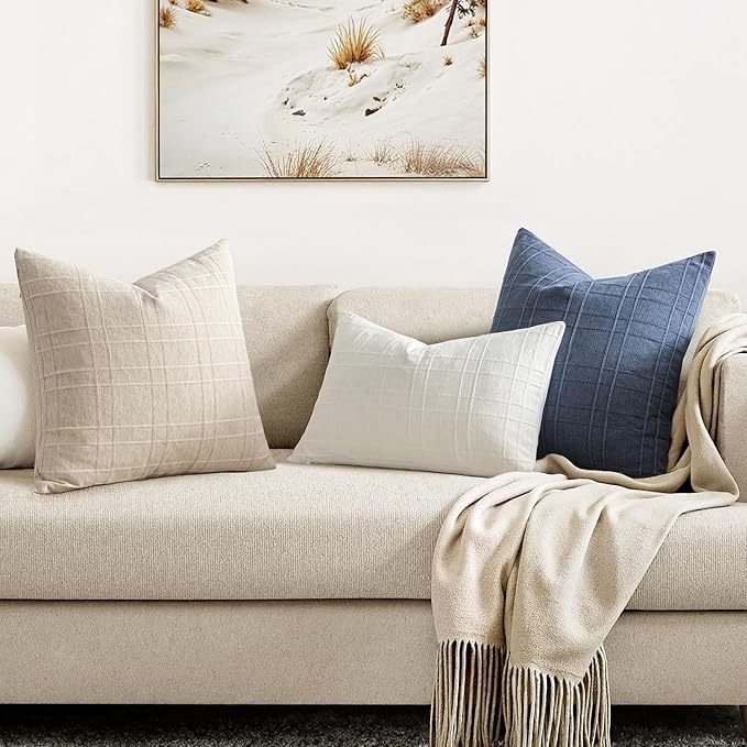 MIULEE Decorative Linen Check Euro Shams Throw Pillow Covers Neutral Farmhouse Vintage Pillow Covers 22x22 Set of 2 Boho Modern Home Decor for Sofa Couch Bedroom Cushion Cream White