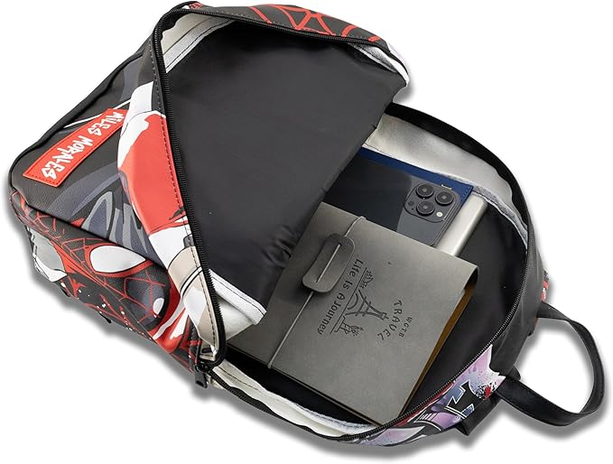 Marvel Miles Morales Spiderman Backpack for Teens | 16" Saffiano Leather School Bookbag with Rubber Luggage Tag | Spiderman Backpack for Boys, Girls, Unisex | Officially Licensed Marvel