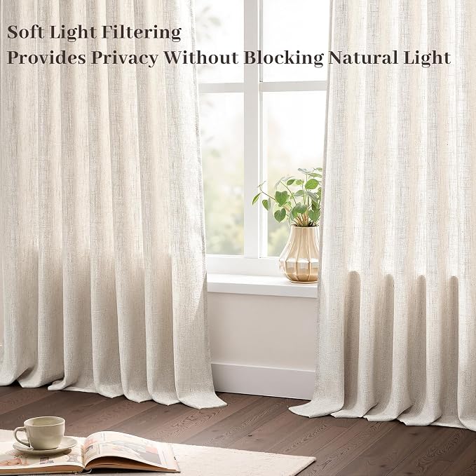 Pinch Pleated Linen Curtains 108 Inches Long for Living Room 2 Panels Set Natural Ivory Memory Trained Back Tab Pleat Drapes Hooks Rings Floor to Ceiling Window Curtains Bedroom Neutral Birch
