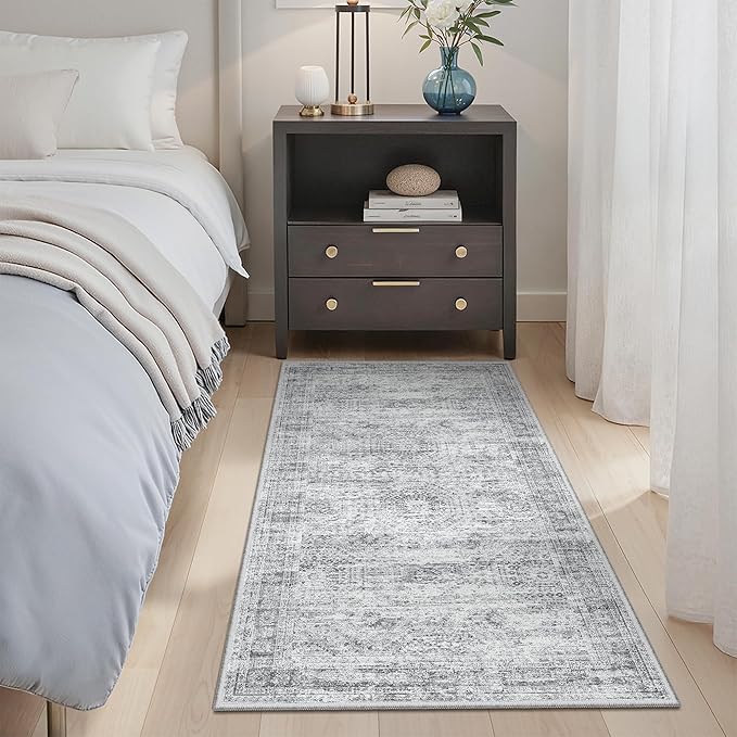 Soalmost 2x4 Washable Rugs for Kitchen, Floor, Entryway, Powder Room Small Area Rug Non-Slip Vintage Low Pile Throw Door Mat Grey