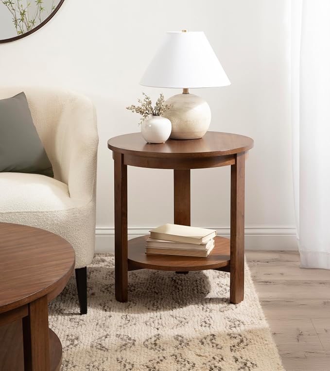 Kate and Laurel Foxford Tiered Round Side Table; 22 x 22 x 24; Walnut Brown; Transitional Two-Tier Circle Nightstand Table with Storage and Resilient Wood Construction for Bedroom Decor