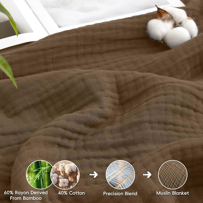 David's Home Soft Muslin Blanket Queen Size for Adults, 60% Rayon 40% Cotton, Breathable Lightweight Cooling Blanket for Hot Sleepers, 4-Layer Cozy Gauze for Bed, 90"x90", Chocolate