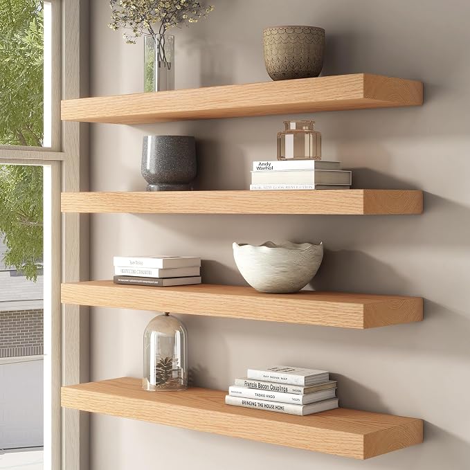 FLYJOE Floating Shelves for Wall, USA-Sourced Oak Wood 16 Inch Wall Shelves Set of 2, Natural Wooden Mounted Picture Ledge Shelf, Nursery Book Storage Shelf Kids Bookshelf Display, Shelf for Bathroom