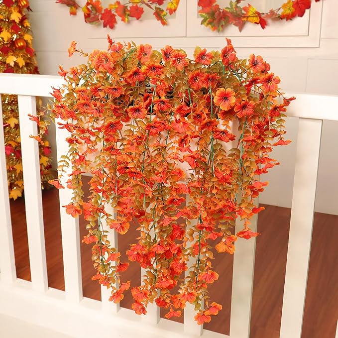 TURNMEON 4 Pcs Artificial Hanging Fall Flowers Fall Decorations, Fake Mums for Outdoors UV Resistant Hanging Plants Faux Silk Daisy Flowers for Autumn Decor Home Indoor Outside Gardens Porch (Orange)