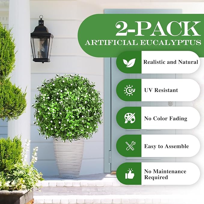 FAJUNZH Artificial Topiary Bushes for Outdoors with Spike, Boxwood Ball Fake Shrubs UV Resistant Faux Plants for Indoor Outdoor Fall Thanksgiving Halloween Decor (Gypsophila Boxwood White-2 Packs)