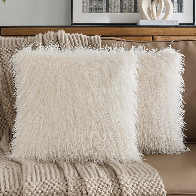 FUTEI Pack of 2 Shaggy Mongolian Faux Wool Throw Pillow Covers 18x18 Inch Soft Decorative Cushion Case for Couch Bed Living Room, Cream White