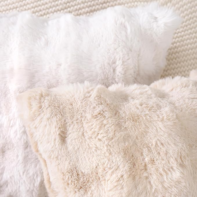 MADIZZ Pack of 2 Thick Plush Faux Wool Throw Pillow Covers Soft Boho Throw Pillows Luxurious Cushion Covers for Couch Sofa Bedroom Living Room Home Decor 18x18 Inch Beige