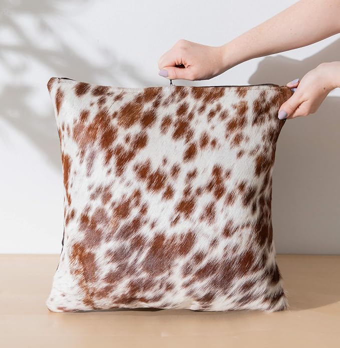 ecowhides 100% Genuine Brazilian Cowhide Pillow Cover – Brown Salt and Pepper – Single-Sided – Luxury Leather Decorative Cushion for Rustic & Western Home Décor – 20” x 20”