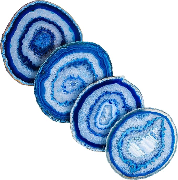 Nature's Decorations Blue Agate Stone Coasters - Set of 4, Polished Geode Drink Mats for Dining & Coffee Table & Kitchen Geode Decor Non-Toxic 3.5-4" Diameter