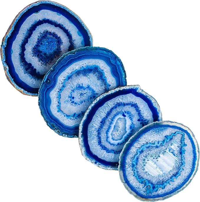 Nature's Decorations Blue Agate Stone Coasters - Set of 4, Polished Geode Drink Mats for Dining & Coffee Table & Kitchen Geode Decor Non-Toxic 4.5-5" Diameter