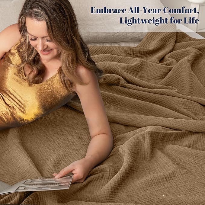 PHF 100% Cotton Muslin Blanket King Size 108"x90", 4-Layer Lightweight Gauze Throw, Breathable Cloud-Soft Minimalist Blanket for Bed, Couch, Camping & Baby, Coco Brown, Ideal Gift