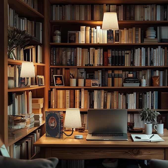 Vintage Bookshelf Lamp Rechargeable Set of Two, Cordless Book Lamp with Linen Shade, Dimmable Touch Control Table Lamp, Modern Decorative Bookend, Bookshelf Lights for Office Home