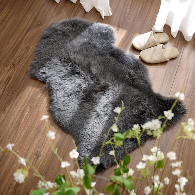 Premium Genuine Sheepskin Area Ruge - Real Wool Fur Shaggy Carpet | Fluffy Soft Natural Lambskin Rug Seat Chair Covers for Couch Sofa Bedroom Living Room(Dark Grey,2×3 Feet Sheepskin)