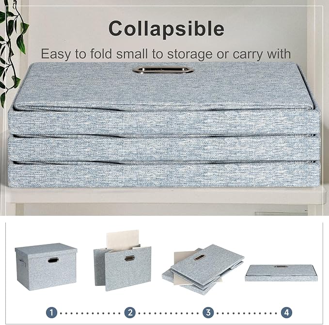 Graciadeco Large 17" 36 Quart Collapsible Stackable Storage Bins with Lids, 3 Packs Blue-Grey Linen Fabric Closet Boxes with Lids, Storage Cube Baskets Container Organizers for Bedroom (17x12x11)