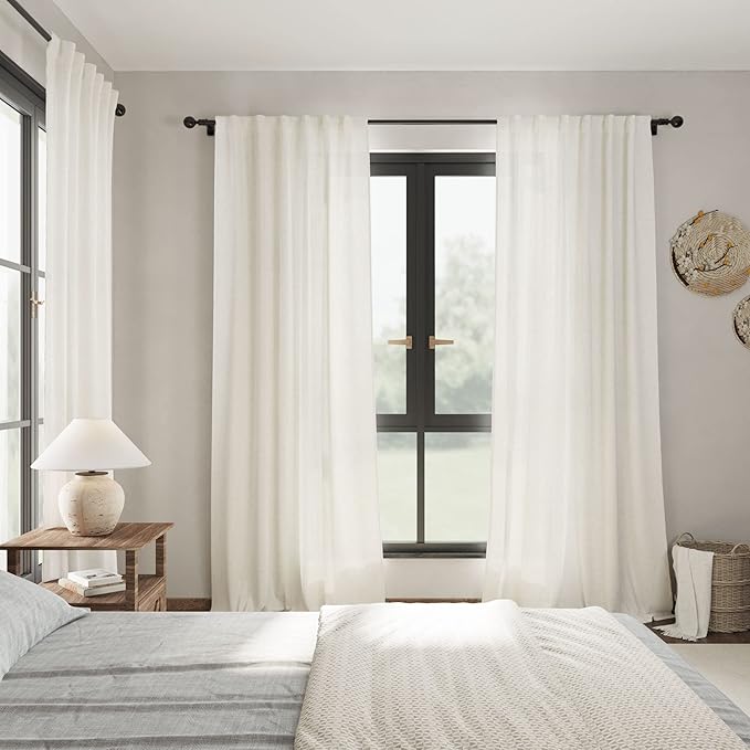 2 Panels Set Cream Linen Curtains 105 inches Long for Living Room Extra Long Back Tab Curtains Neutral Farmhouse Light Filtering Semi Sheer Linen Drapes Ceiling to Floor for Large Window Ivory