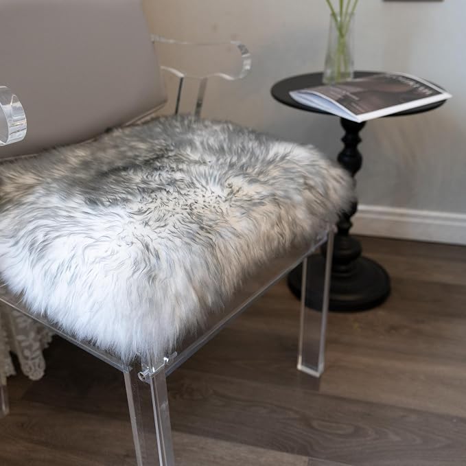 Sheepskin Chair Cushion Non-Slip Back Square Genuine Fur Chair Cover Silky Natural Wool Seat Cushion Pad Soft Area Rugs Carpet for Home Office Restaurant Chair 18x18 Inch (Pack of 1), Silver Grey