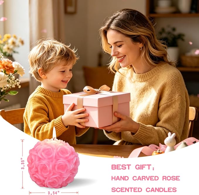 Hand-Poured Rose Pillar Candles Set of 3 (3.54"x3.35"), 150+ Hours Burn Time Dripless, Rose Scented Candles, Smokeless, Mother’s Day & Weddings Decor Candle Lover Gift