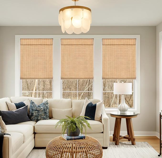 LazBlinds No Drill Bamboo Roman Shades, 38x64, Brown | Light Filtering Window Treatment, No Tools Cordless Roll Up Bamboo Blinds for Window