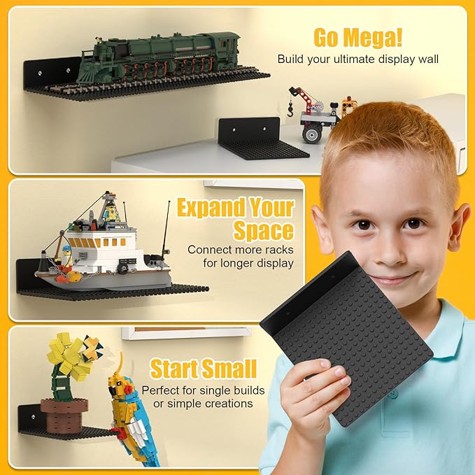 BlissBox 12-Pack Floating Shelves for Wall Compatible with Lego Building Bricks, 5x5.5inch Dual‑Sided 16x17 Studs for Toy Brick Storage and Display, ABS Display Shelves for Room Decor, Black