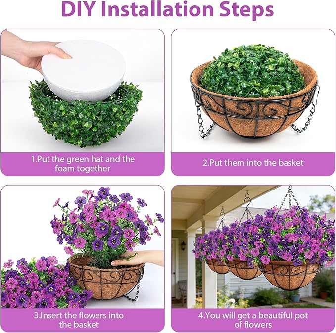 Artificial Fake Hanging Flowers Plants Basket Outdoors, Faux Silk UV Resistant Look Real Daisy Eucalyptus for Spring Summer Garden Porch Home Patio Balcony Yard Decorations, Double Purple