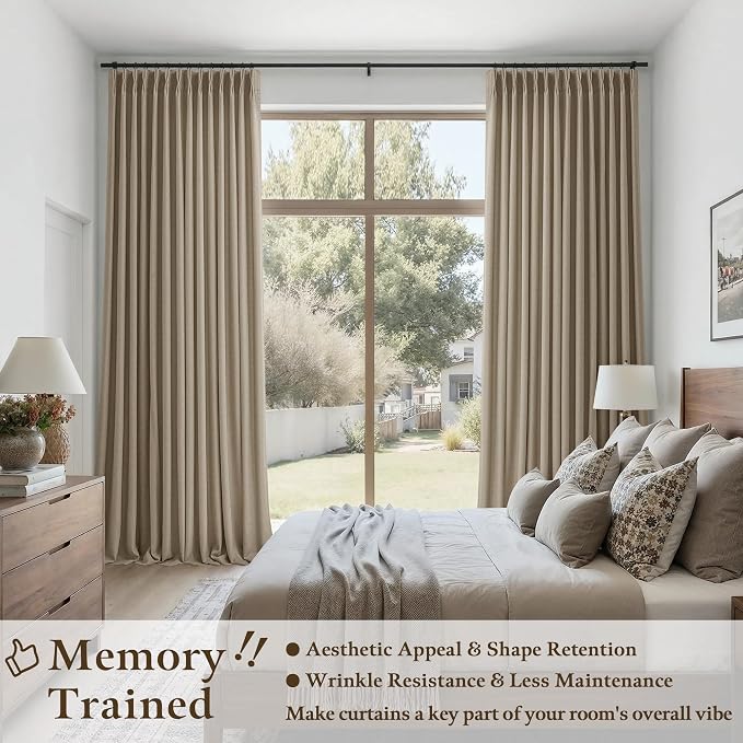Pleated Linen Dark Flax Curtains 102 Inches Long 2 Panels for Living Room Bedroom Rustic Retro Farmhouse Textured Pinch Pleat Back Tab Track Semi Sheer Brown Ceiling Floor 102 Inch Curtain Drapes