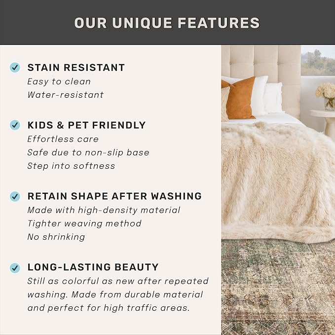 Hazo Haus Vintage Dark 6x9 Living Room Rug - Green and Brown Modern Abstract Rug for Dining Room Under Table, Bedroom, Washable Non Slip Soft Rust Taupe Faded Print Mat