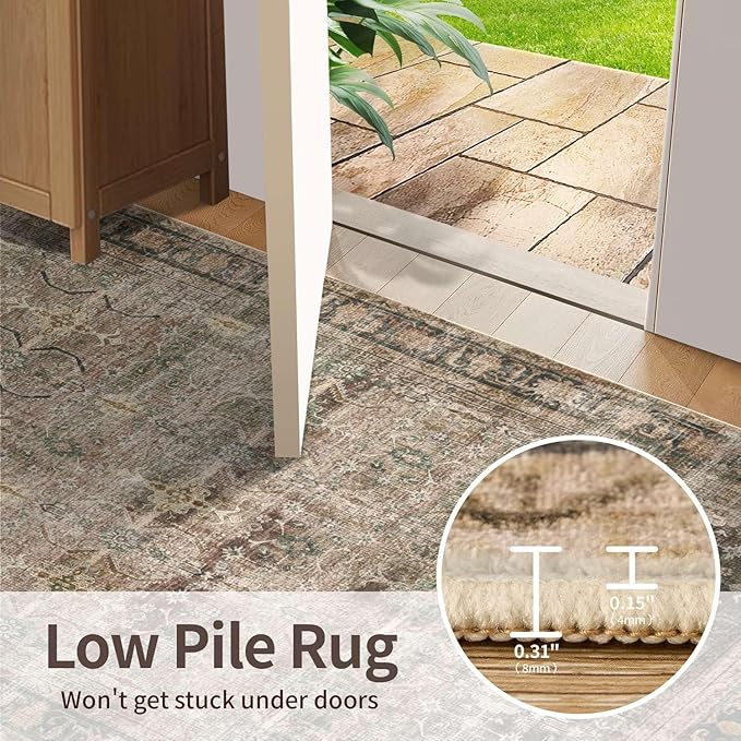 Rugxara Brown 5x7 Area Rugs for Living Room Bedroom, Large Washable Rug, Vintage Retro Boho Rug, Non Slip & Low Pile Faux Wool Thin Carpet for Indoor Dining Room and Kids Room(Charcoal/Olive 5x7ft)