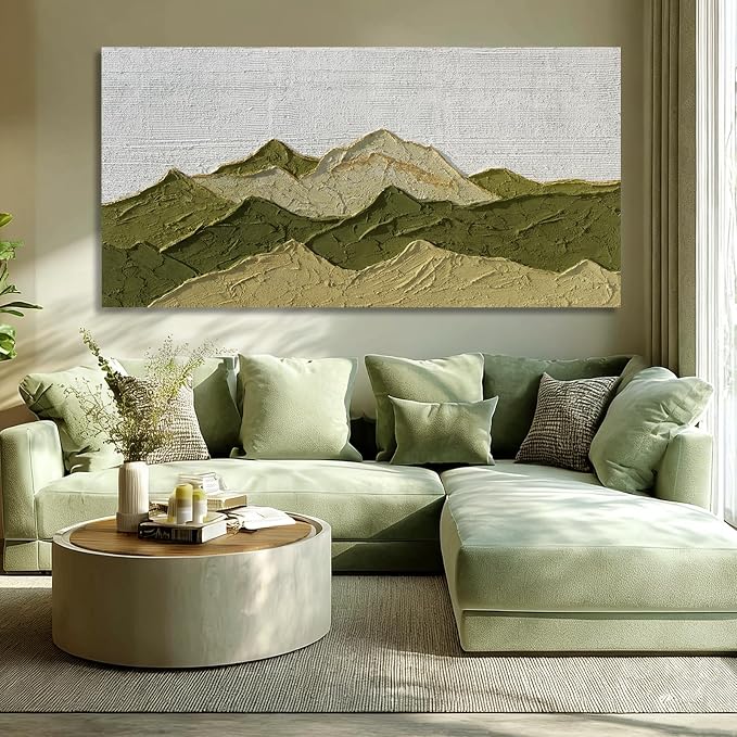 Dolidoteart Green Beige White Landscape Wall Art, Large Wall Art for Living Room, Hand Painted Mountain Oil Painting for Bedroom Office, Horizontal 29x58 Inch