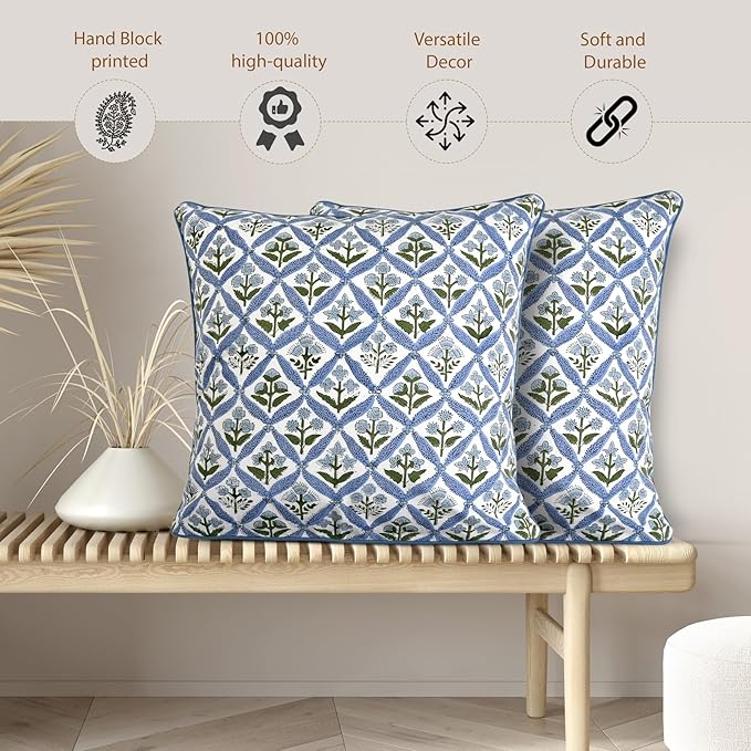 Ridhi Block Print Light Steel Blue Pillow Cover 18" x 18" (Pack of 2) Decorative Couch Pillows for Living Room, Chic Boho Cute Outdoor Pillows Covers Gifts for Spring, Easter and Valentine