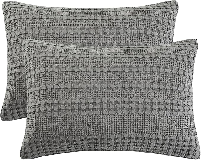 PHF 100% Cotton Waffle Pillow Shams King Size, 2 Pack 20" x 36" Soft Skin-Friendly Pillowcases, No Filling, Aesthetic Woven and Breathable Waffle Weave Pillow Case Covers for Bed, Dark Grey