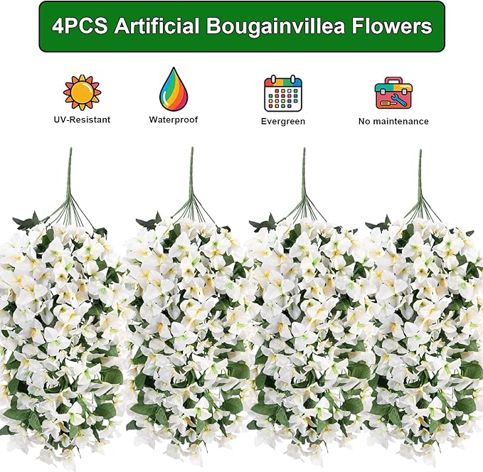 Grunyia Artificial White Bougainvillea Vine, 4 Pcs UV Resistant Fake Flowers Trailing Plant, Realistic Silk Leaves for Outdoor/Indoor Decor, Hanging Basket Wedding Arch Garden Home Decoration(White)