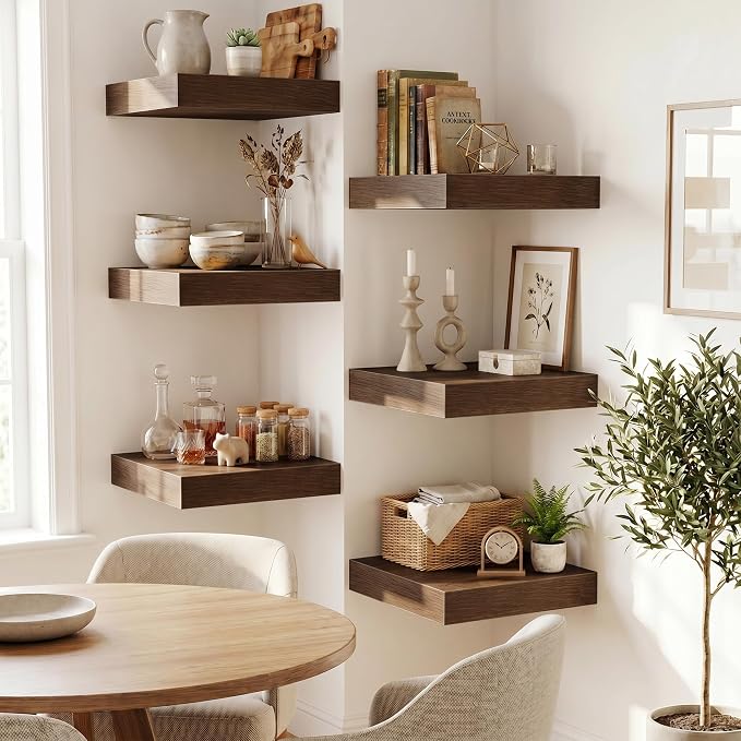 Fun Memories Floating Shelves for Wall 12 Inch, 12 Inch Deep Square Wall Shelves, Bathroom Storage Shelves Over Toilet, Wood Floating Shelves for Living Room Bedroom, Walnut, Set of 2