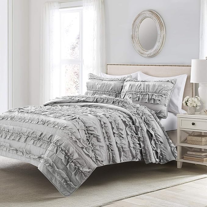 Lush Decor Belle Quilt Queen Size 3 Piece Set Full/Queen Light Grey - Ruffle Bedding Set - Cute Quilt - Coquette Decor - Queen Bedding