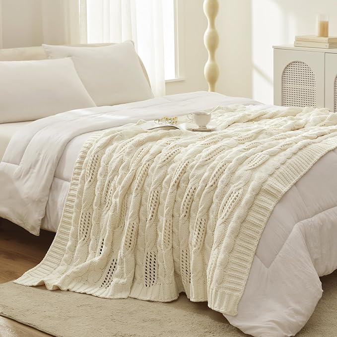 Amélie Home Chunky Knit Throw Blanket, Dual-Sided Soft Chenille Breathable Cable Knitted Blanket for Couch, Farmhouse Decorative Throw for Sofa & Chair, 60"x80", Ivory