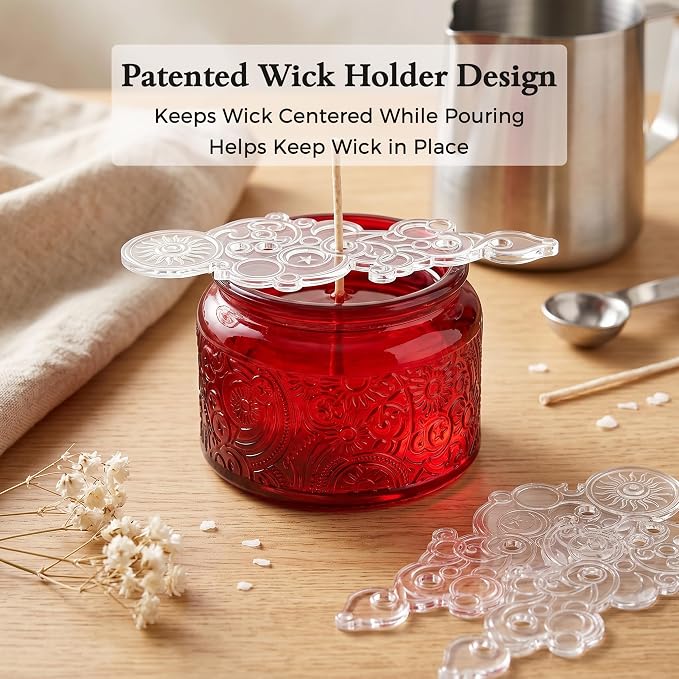 4 oz Red Sun Moon Stars Candle Jars with Bamboo Lids, 18 Pack | Patented Embossed Design, Includes Wick Centering Devices & Warning Labels, Multiple Color Options