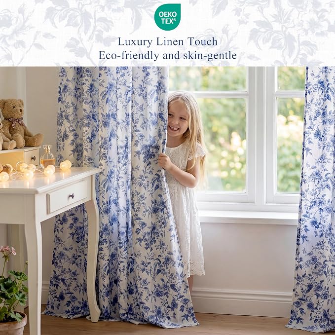 StangH Vintage French Blue Floral Curtains for Living Room, Shabby Chic Peony Print Linen Textured Drapes, Coastal Aesthetic Light Filtering Privacy Window Coverings, W52 x L84, 2 Panels