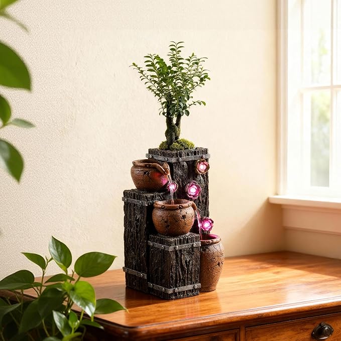 MAOCHI Tabletop Water Fountain, Woodgrain Succulent Growing Fountain with 5 LED Color Changing Lights, Meditation Desk Water Decorative Home Decor, Office Decor or House Warming Gifts new Home