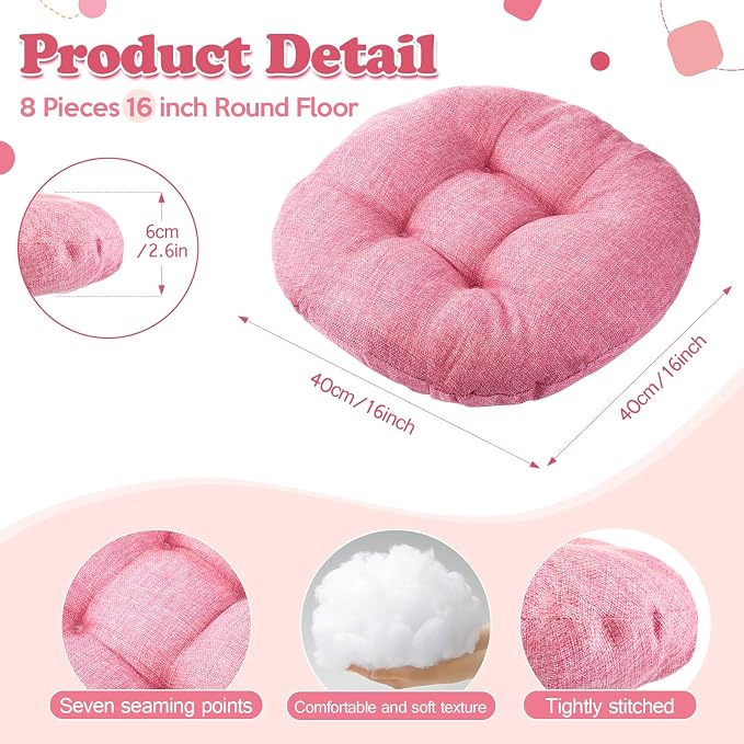 Fumete 8 Pcs 16 Inch Floor Cushions Pillow for Kids Bulk Classroom Round Flexible Seating Floor Cushions for Students Home Daycare School Reading Corner Yoga Meditation Picnic (Pink)