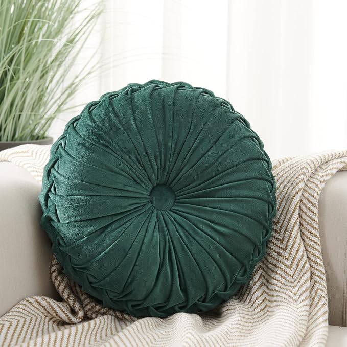 MOJUN Round Throw Pillow Round Velvet Pillow Pleated Round Filled Pillow Home Decorative Throw Pillow Cushion for Couch Chair Bed Car Floor (Dark Green, 14inch)