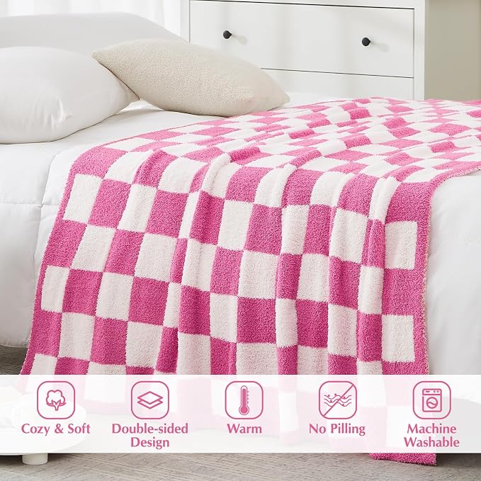 WRENSONGE Soft Checkered Throw Blanket for Couch-Cozy Warm Knitted Blankets | Lightweight Warm Fluffy Decor for Women, Mom, Her & Girls, Sofa, Chair, Bed, 50x70in, Hot Pink